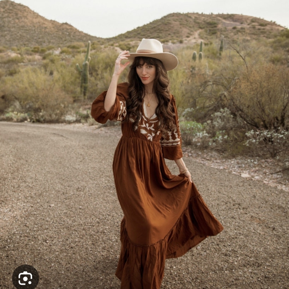 Anthropologie LET ME BE  Rust Brown Embroidered Maxi Dress